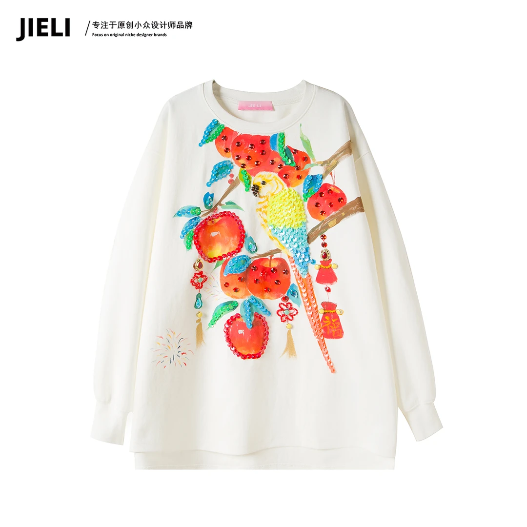 JIE LI/街力原创小众设计感休闲潮流宽松白色卫衣女W1873