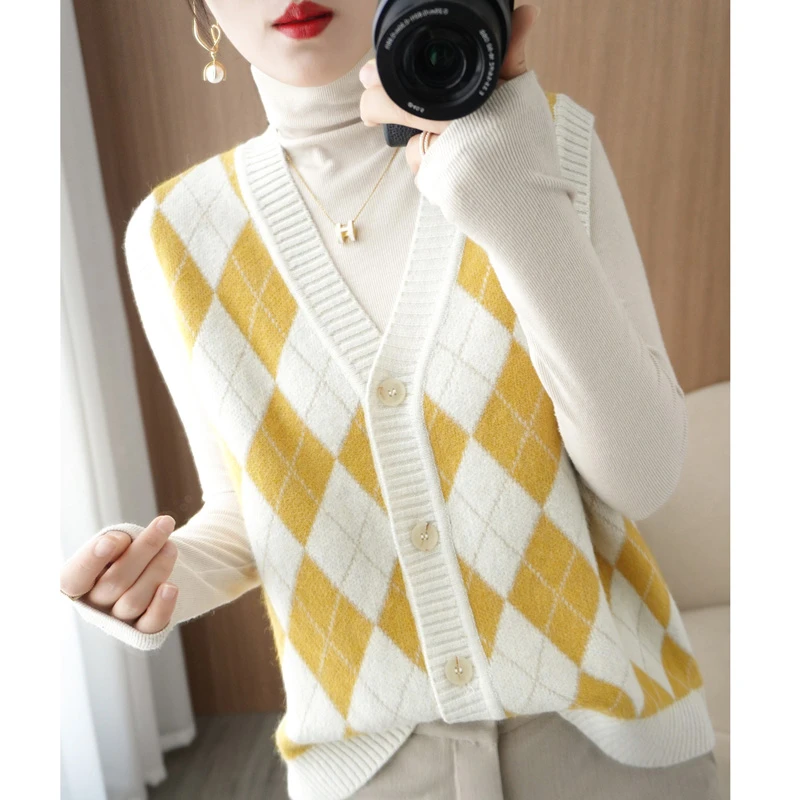 秋冬菱形提花无袖开衫马甲女坎肩短款宽松休闲外套韩版外搭A251