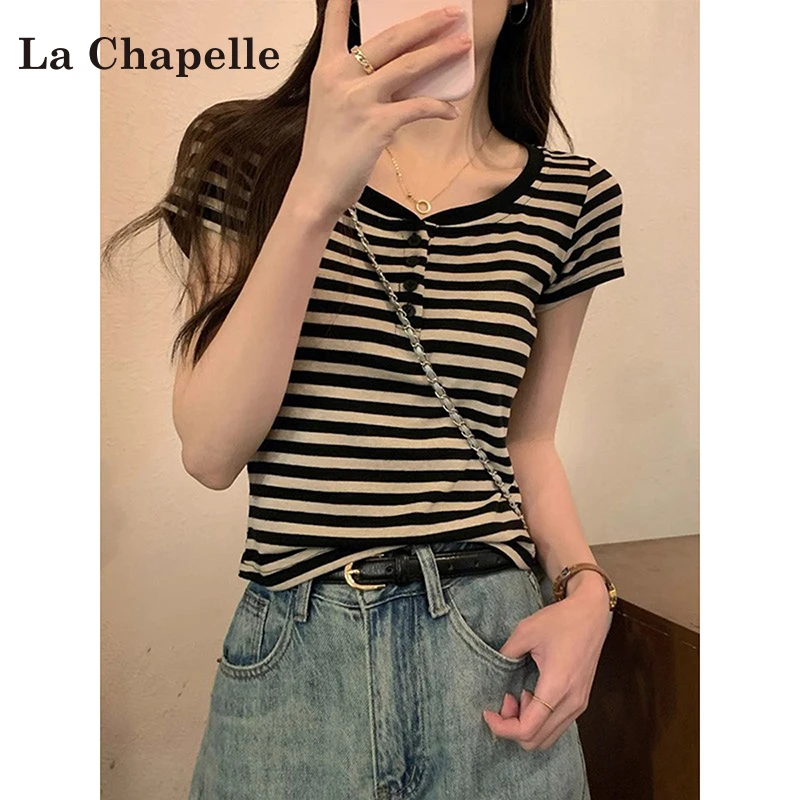 拉夏贝尔灰色条纹正肩短袖t恤女2025年新款夏季修身内搭打底上衣