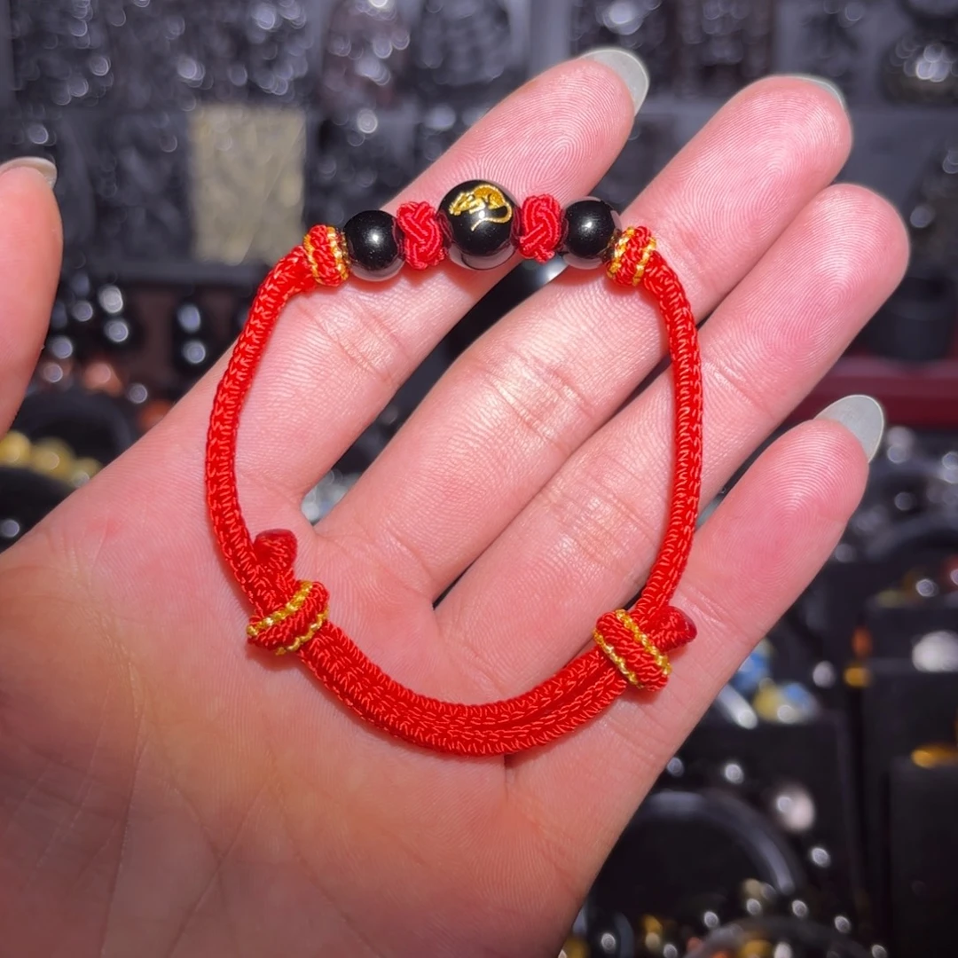 黑曜岩未镶嵌颈饰手绳编织生肖鼠