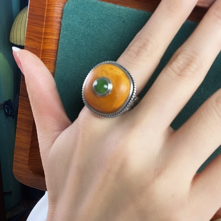 银S925镶嵌蜜蜡戒指戒指