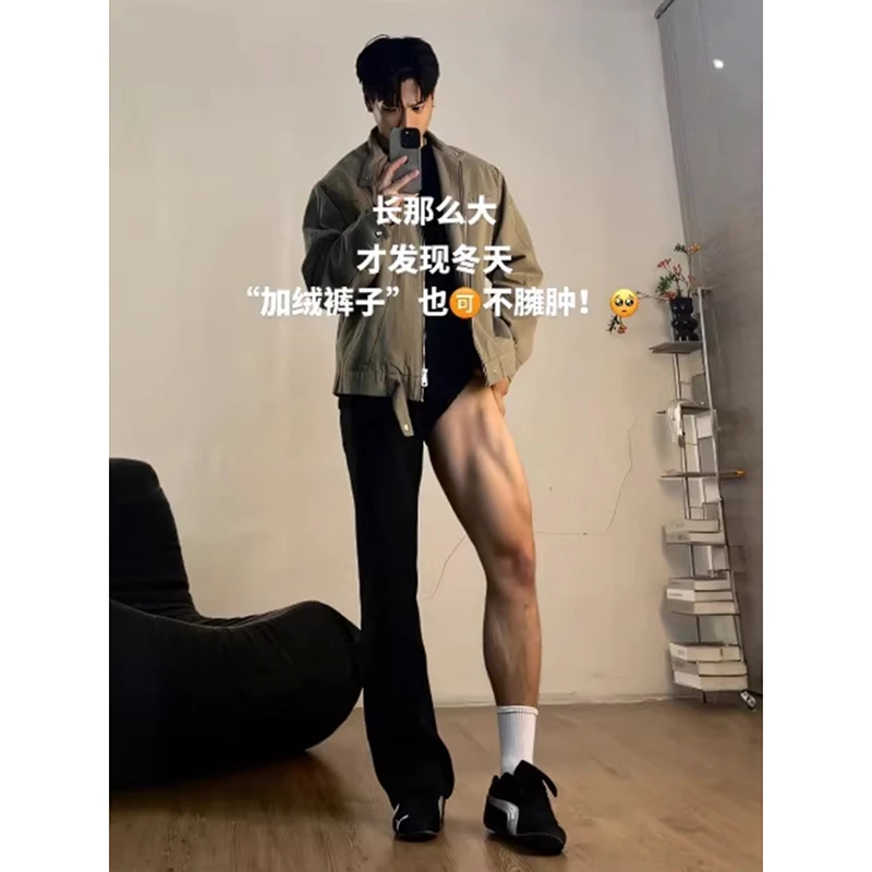 黑色柳叶加绒牛仔裤男款秋冬季美式vibe显瘦裤子修身微喇弯刀裤潮
