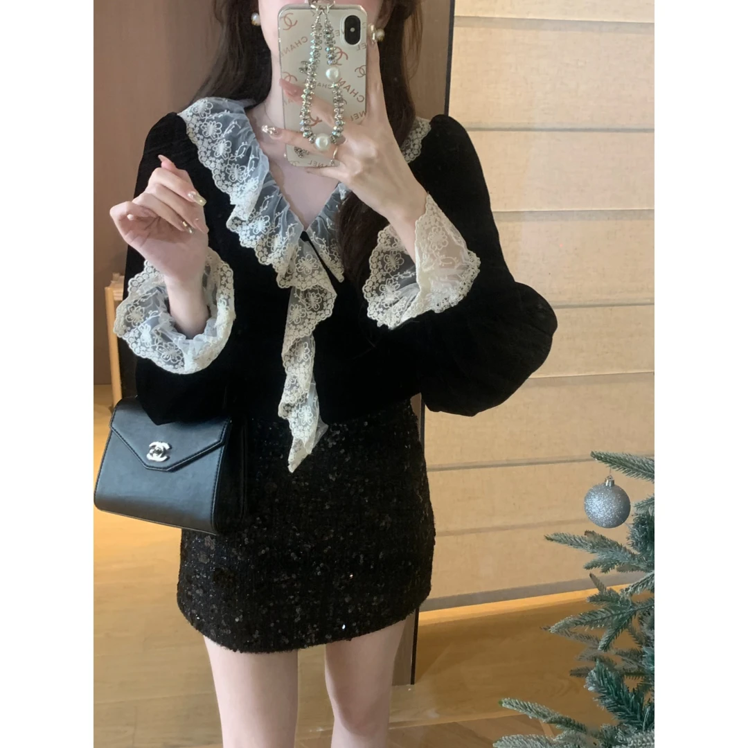 安安 蕾丝V领丝绒上衣