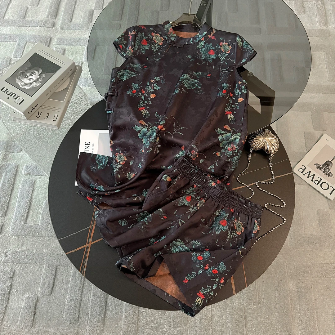 女夏新款极简百搭温婉气质时尚套装新中式立领印花上衣短裤两件套