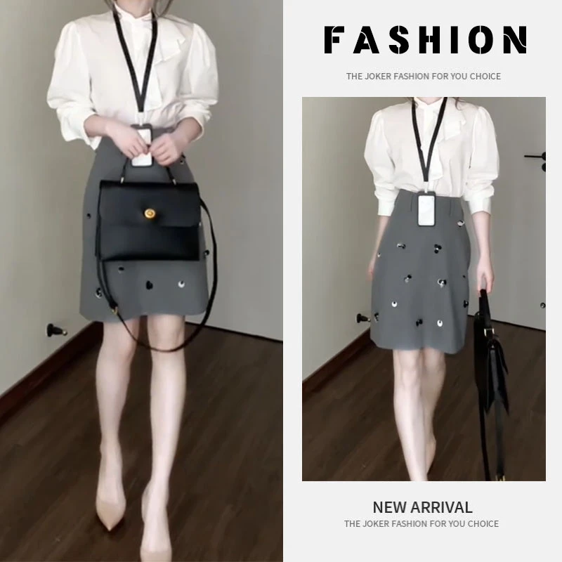 早春一整套女装2025新款韩版高级感荷叶边衬衫亮片轻熟半裙两件套