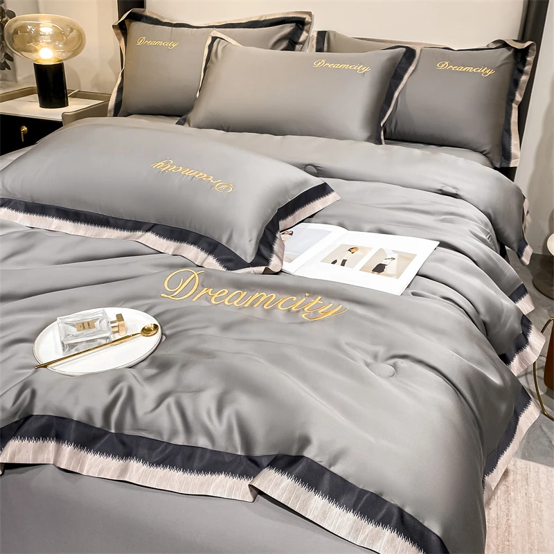 水星家纺适用数码宽边水洗真丝冰丝刺绣夏被四件套空调被夏被裸睡