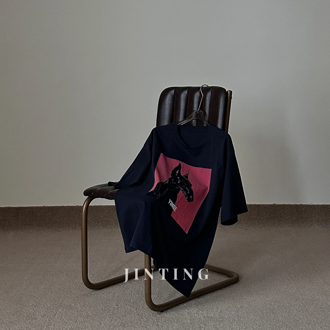 夏季美式复古杜宾犬印花宽松显瘦百搭潮感短袖T恤-M25201474