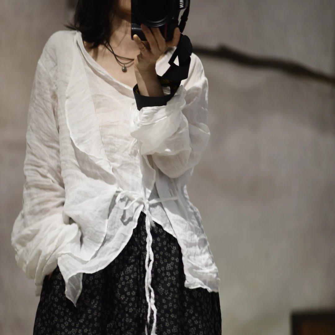 素年未央  SN173  苎麻偏襟双层系带开衫防晒衣