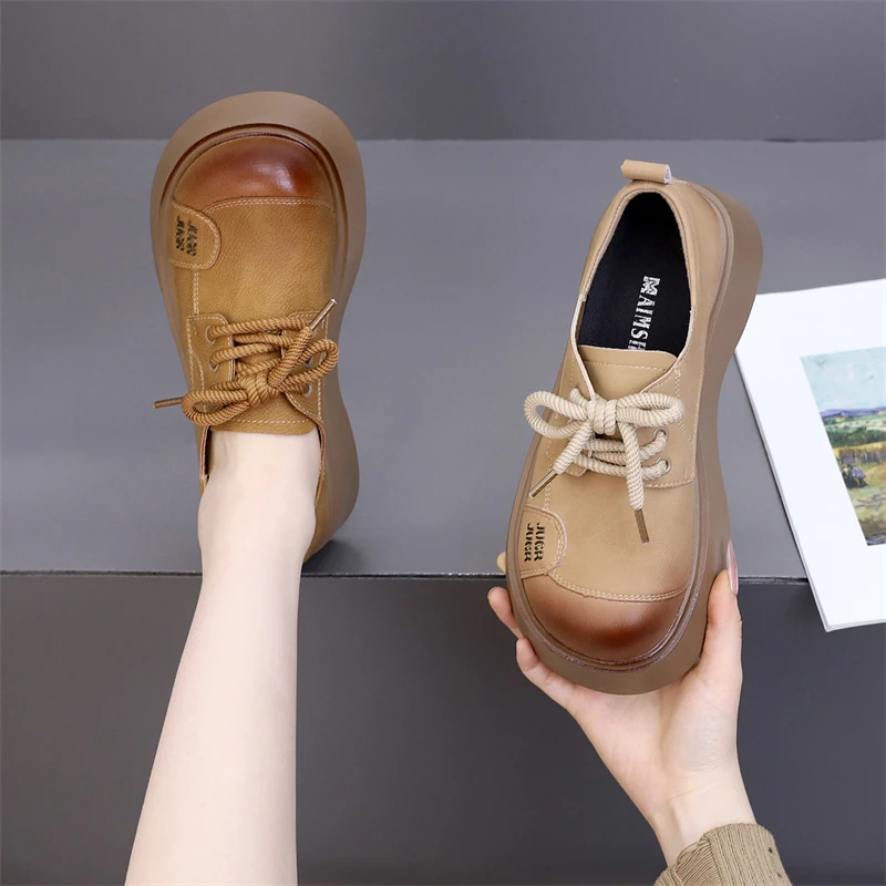 复古勃肯小皮鞋女2025春季新款韩系厚底显脚小系带圆头舒适乐福鞋