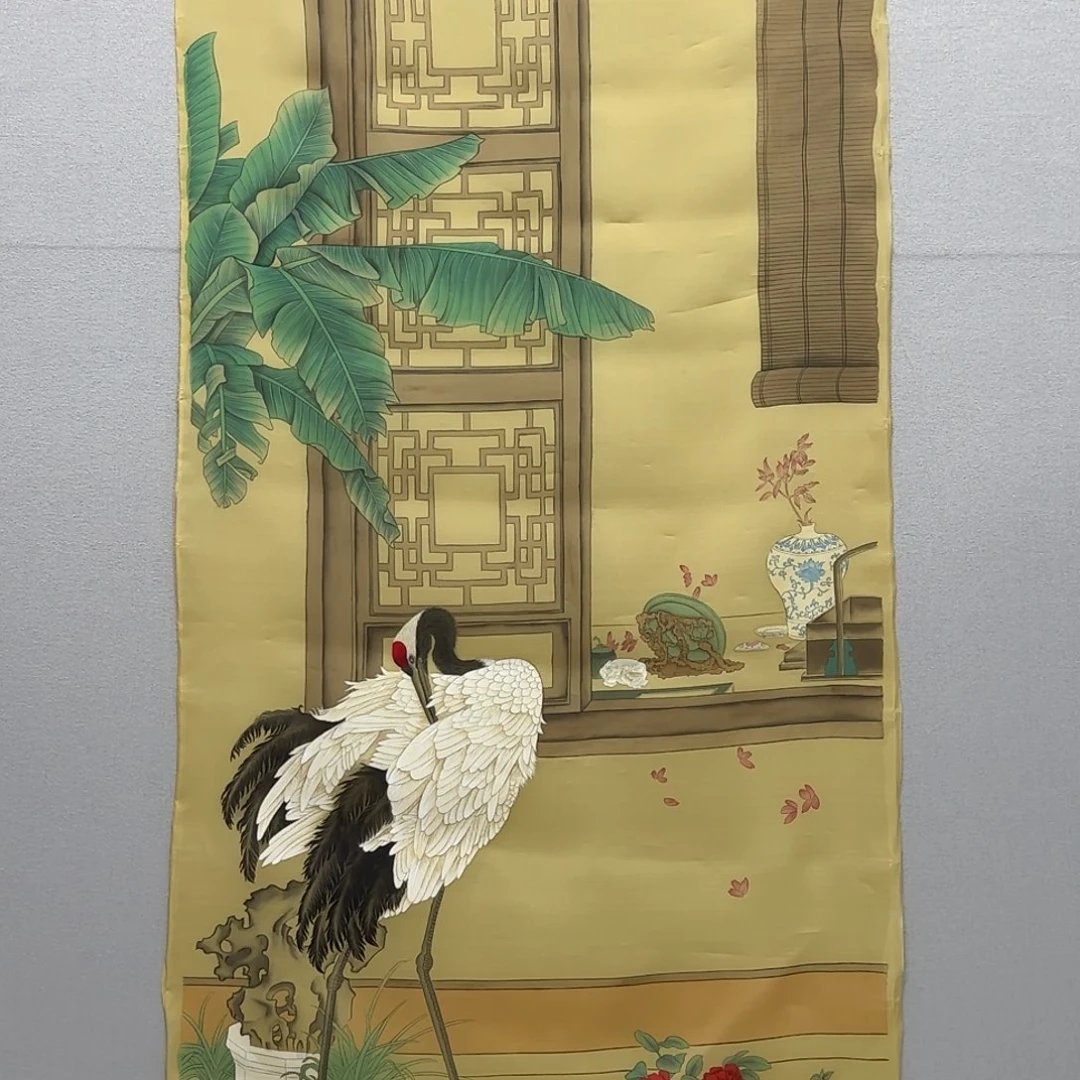 国画绢本工笔仙鹤图贾敏四尺