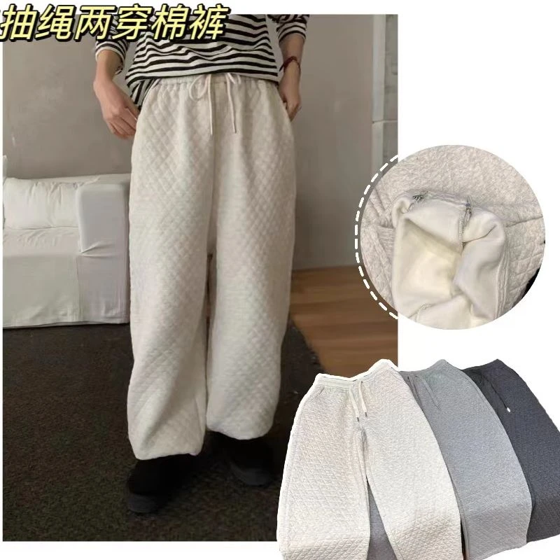 5075【菱格加绒棉裤】Y韩系菱格加绒保暖棉裤可束脚休闲裤一条过冬