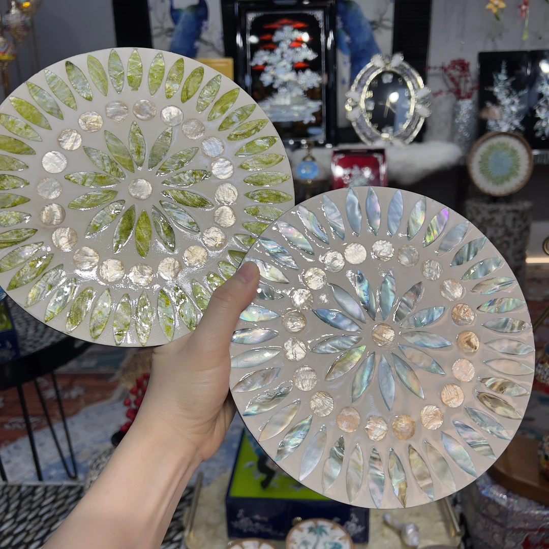 KA-【清新花轮】天然贝壳镶嵌锅垫隔热垫餐垫杯垫直径20cm2片