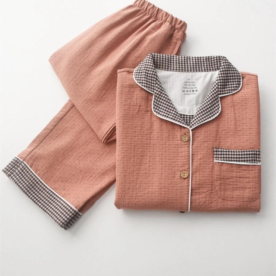 高级感色织提花睡衣男女春秋季纯棉纱布薄款宽松情侣家居服套装