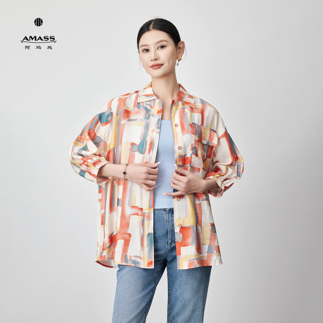 AMASS/阿玛施印花休闲宽松轻薄舒适七分袖衬衫5300905-2A59457-00