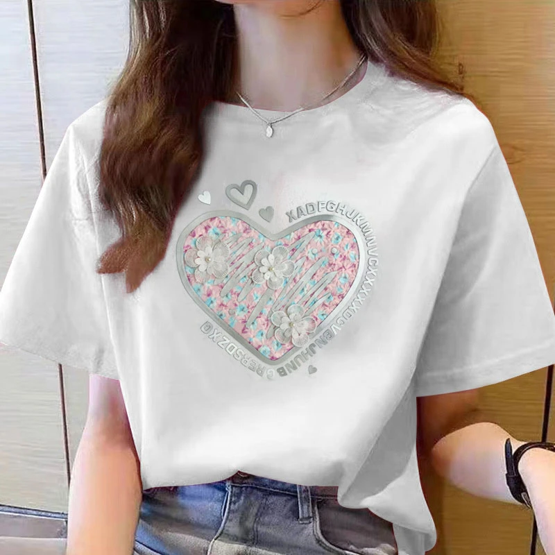 【粉丝福利】短袖女短袖打底衫夏季辣妈休闲t恤夏装-涂鸦爱心立体花