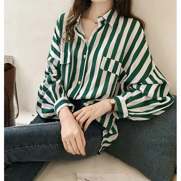 翻领港味衬衫薄款长袖春秋宽松女装条纹大码2025上衣新款bf外套女