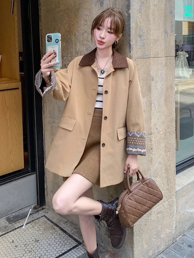 设计感撞色翻领拼接风衣外套女2025年春秋新款小个子休闲宽松上衣