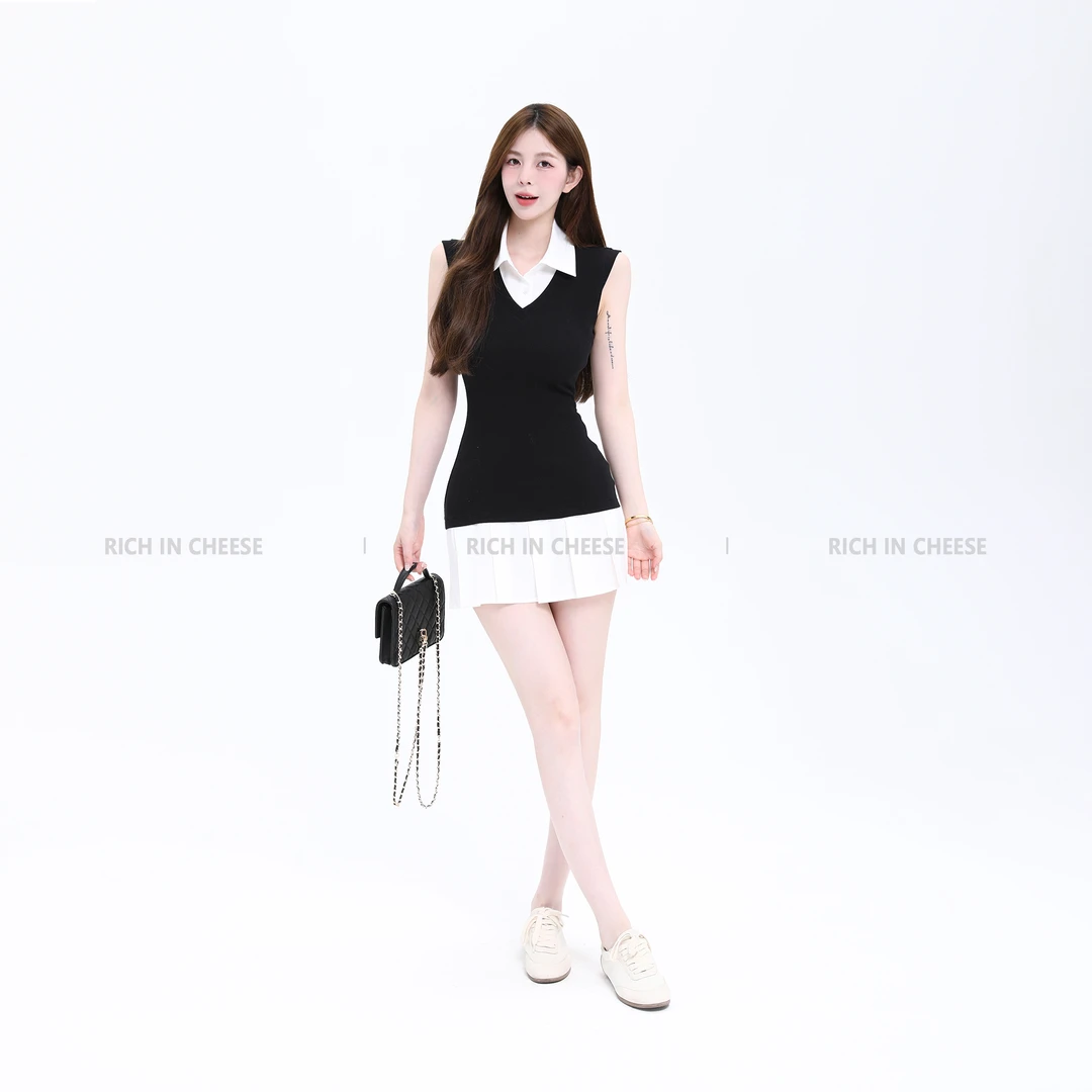RICHINCHEESE 私立校花【无袖版】 Miu系气质学姐撞色假两件连衣裙