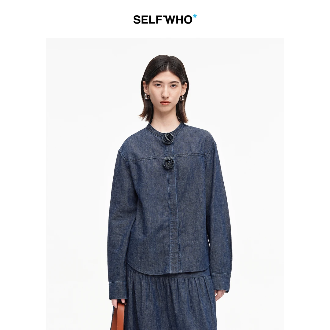 SELFWHO棉麻原蓝色复古牛仔衬衫女2025秋新款立体书页球装饰上衣