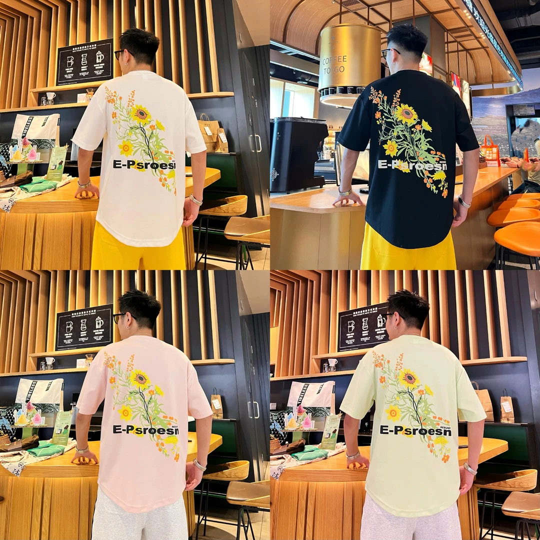 潮流时尚休闲向日葵绣花百搭痞帅光感变色夏季男士爆款宽松短袖