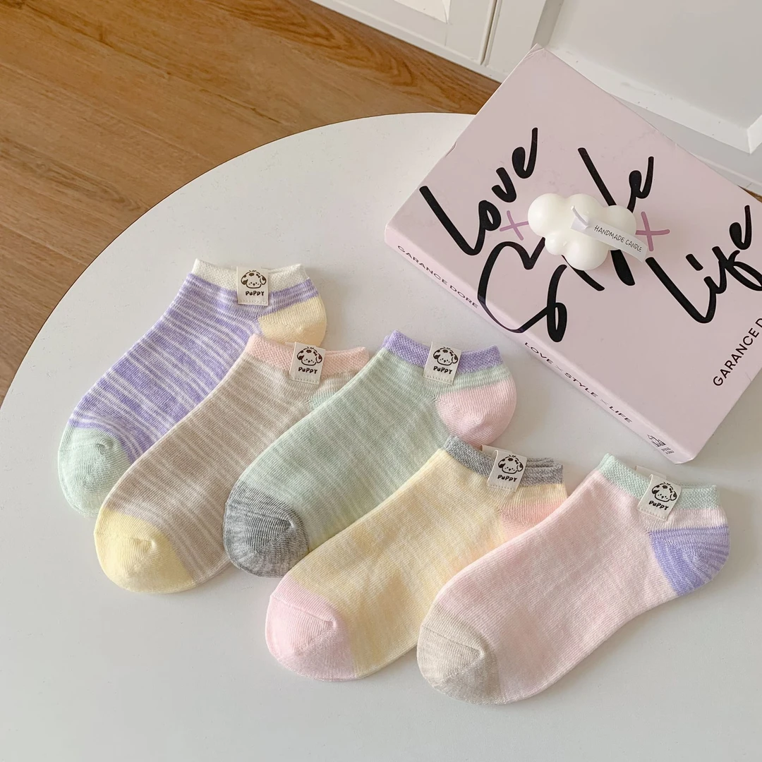 夏季新款多巴胺袜子女小狗布标浅口袜透气短袜休闲百搭女袜日系