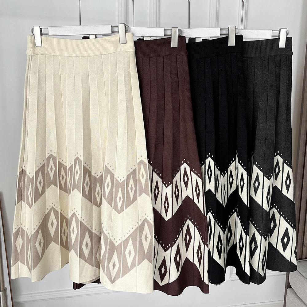 9808撞色针织毛线半身裙秋冬款松紧高腰遮胯显瘦a字大摆裙