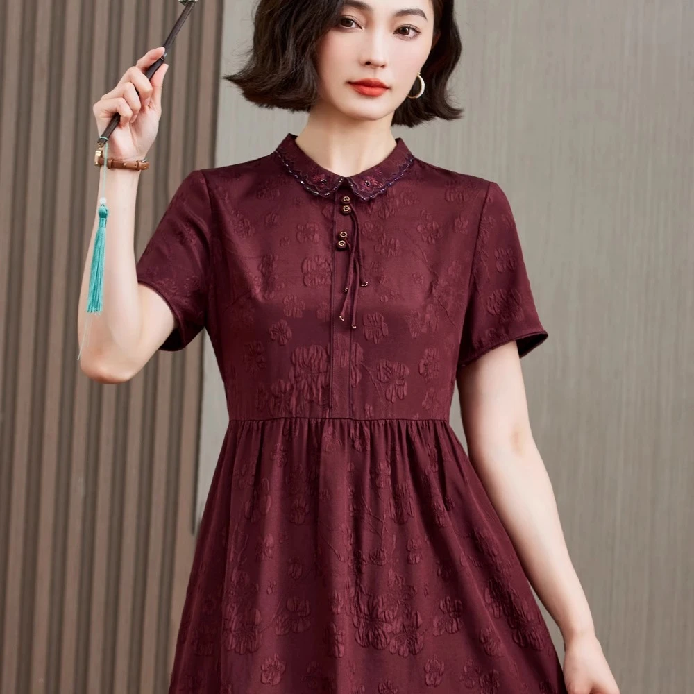 妈妈婚宴礼服喜婆婆真丝连衣裙2025夏新款贵妇人正品短袖桑蚕丝裙