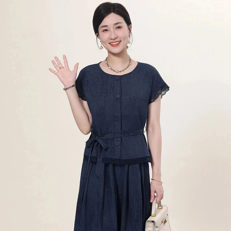 夏装妈妈装优雅蕾丝暗纹套装气质显瘦洋气宽松时尚休闲两件套气质