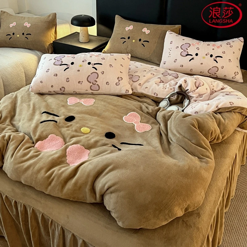 浪莎可爱猫咪毛巾绣四件套牛奶绒冬季加厚加绒被套床单床盖床裙款