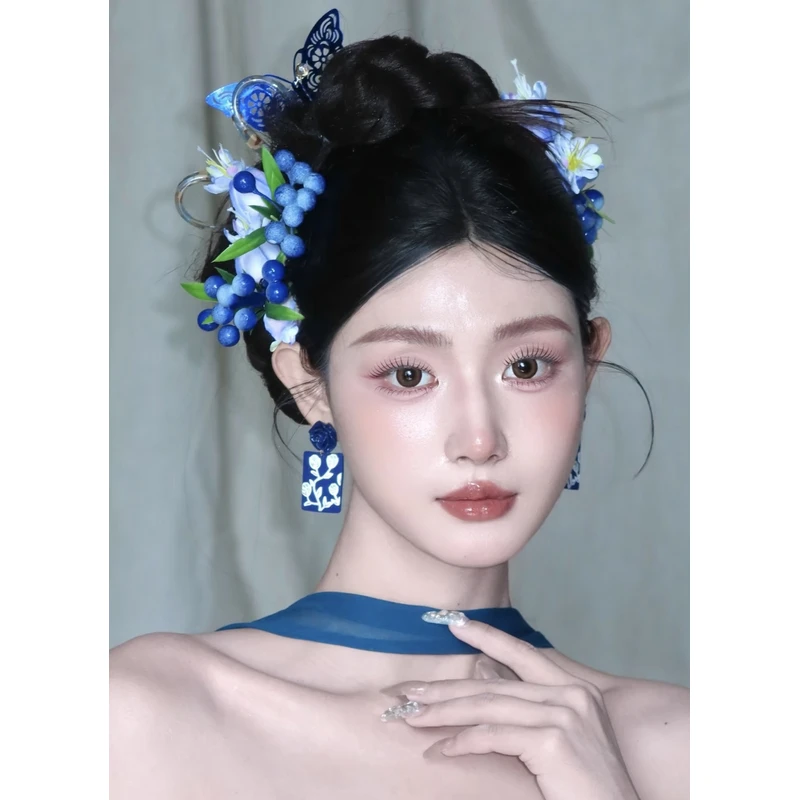 新中式新款蓝色礼服头饰