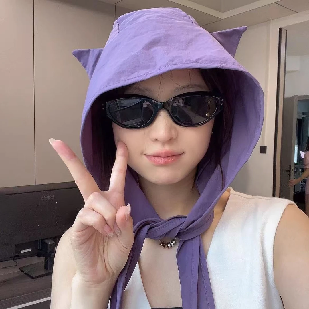 小恶魔绑带速干防晒遮阳帽女薄款护耳头巾帽子可爱猫耳朵显脸小