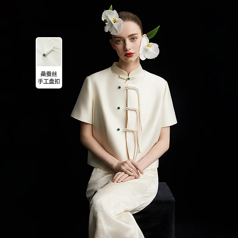 【兰亭叙】朗姿新中式桑蚕丝盘扣圆领夏季新款白色洋气衣服女外套
