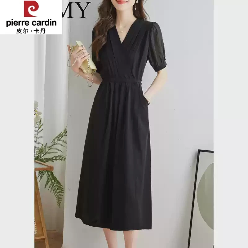 皮尔卡丹2025夏季新款高级感黑色雪纺连衣裙V领气质口袋系带收腰