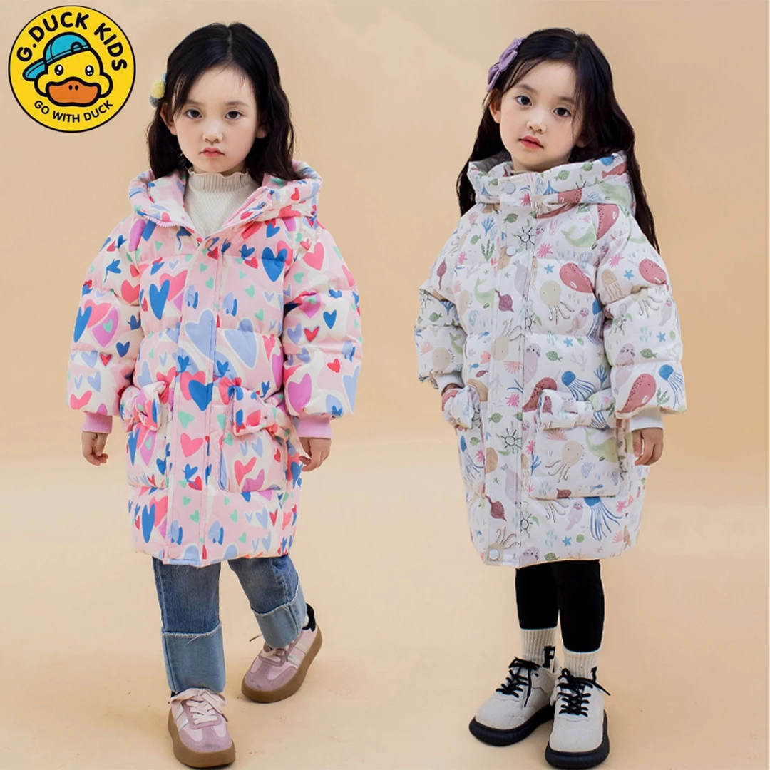 小黄鸭儿童羽绒服中长款女宝洋气宝宝装白鸭绒加厚休闲冬季外套