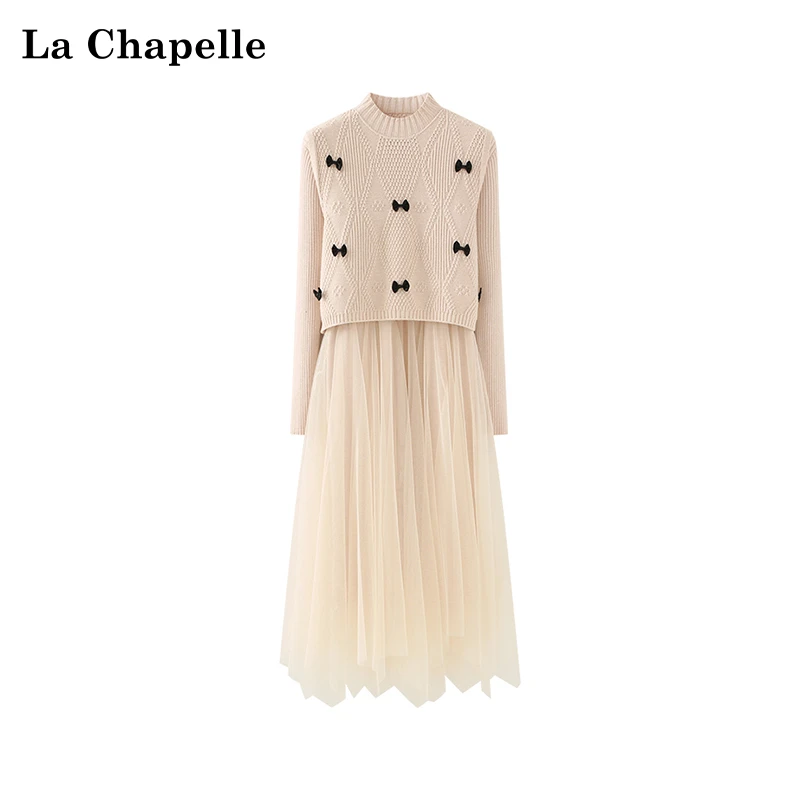 拉夏贝尔米色蝴蝶结网纱长袖连衣裙两件套女休闲上衣春季新款时尚