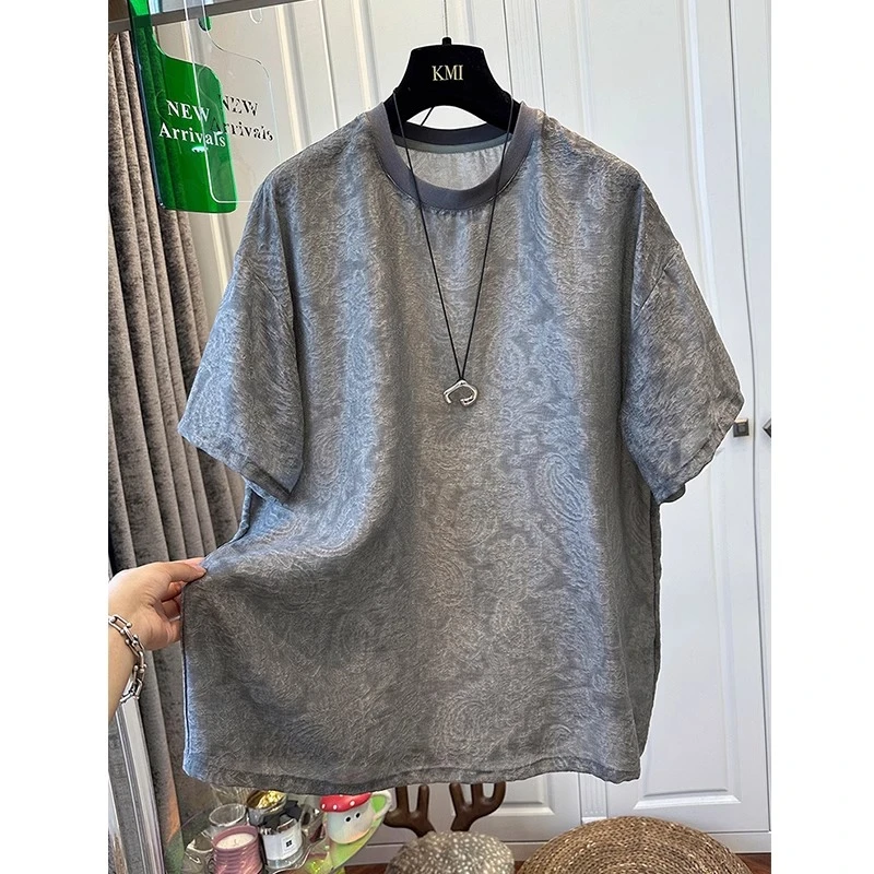 胖妹妹240斤大码别致复古轻薄提花雪纺衫短袖T恤女夏宽松显瘦上衣