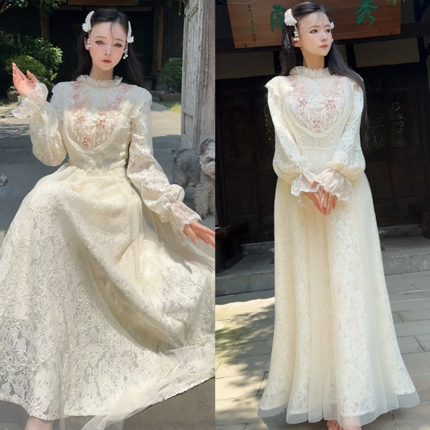 【粉黛原创 伊丽莎白】高级重工设计师奢华复古蕾丝宫廷风连衣裙