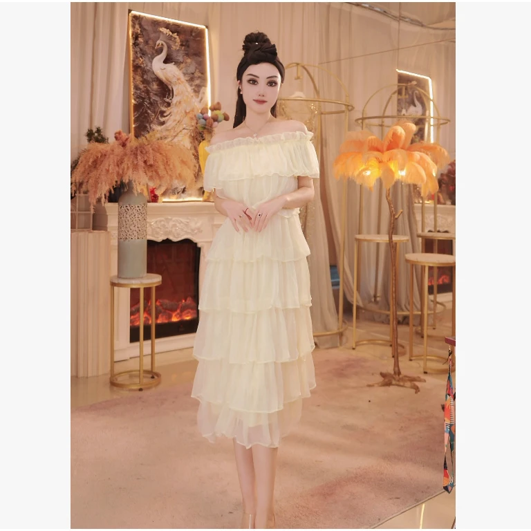 【星姐推荐】星原创高级定制【梨苑】设计师轻奢派对一字肩连衣裙