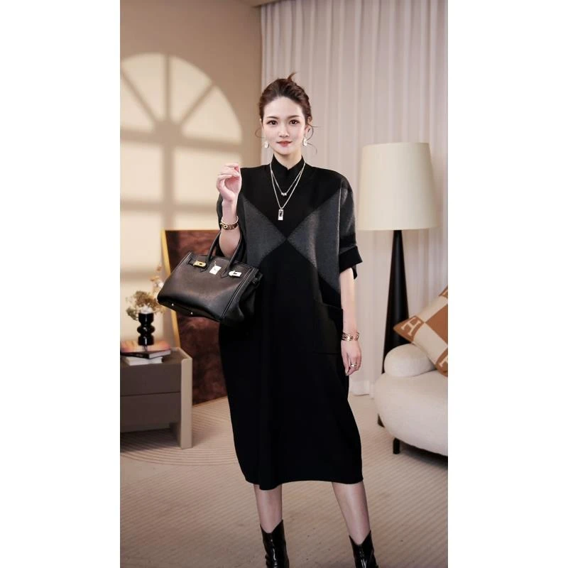 气质半袖[暖春时光]高级感宽松保暖妈妈时尚毛衣连衣裙-1025#