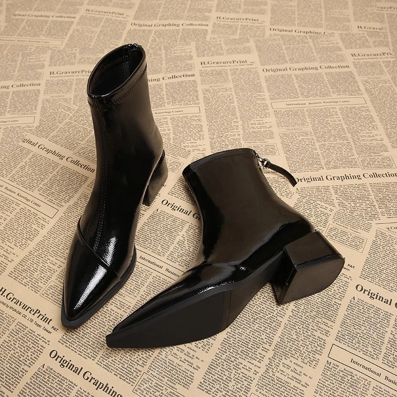 真皮尖头时尚瘦瘦气质法式小踝靴女秋小个子法式复古瘦瘦