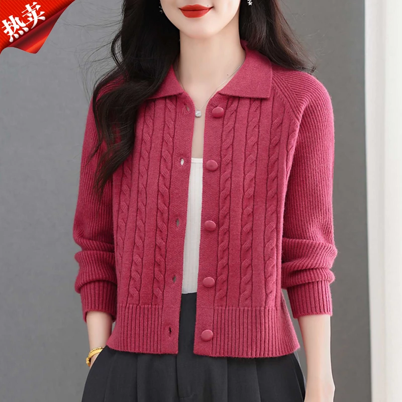 【原版正品】羊毛衫女短款毛衣外套春秋翻领小香风麻花洋气针织开衫