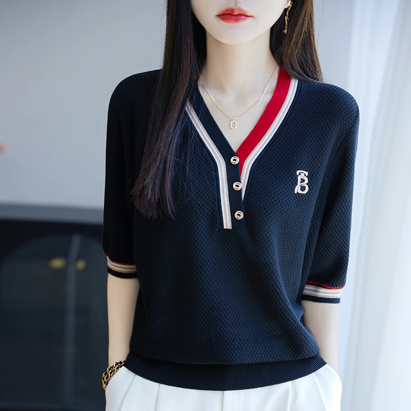 V领拼色显瘦短袖女夏季薄针织气质T恤百搭半袖