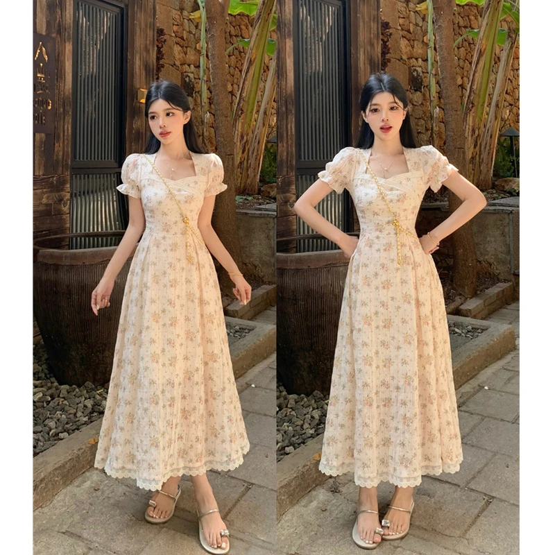 大码夏季胖mm法式复古甜美印花短袖连衣裙蕾丝拼接气质显瘦长裙仙