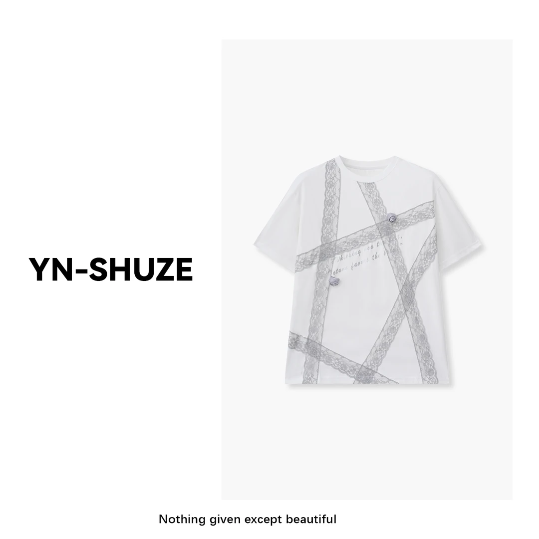YN-SHUZE【蕾丝玫瑰】个性字母提花蕾丝拼接短袖T恤SZ-YNB-67824