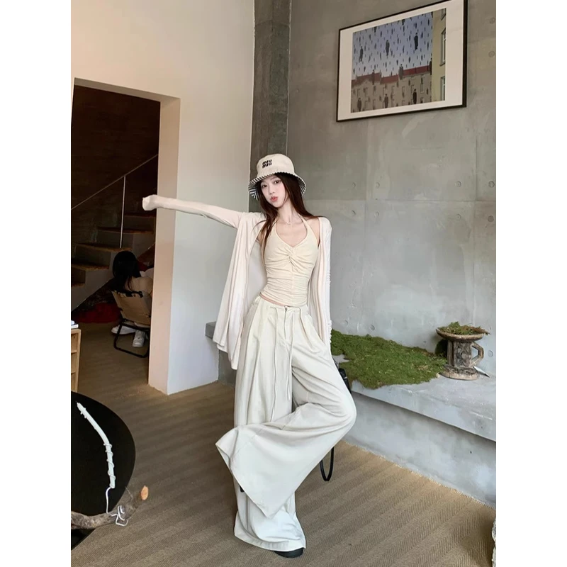 纯欲风长袖防晒薄款外套挂脖背心休闲阔腿裤女2025秋季新款套装潮