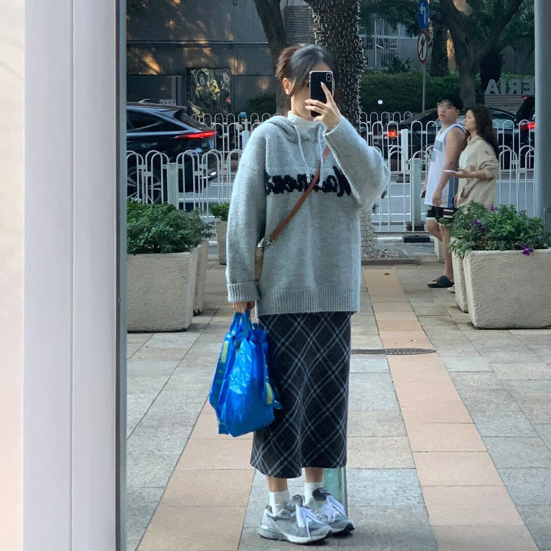 秋冬穿搭格子毛呢半身裙女大码mm高腰气质格纹a字长裙开叉直筒裙