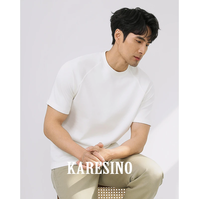 KARESINO夏季透气棉感男士重磅插肩袖圆领短袖休闲百搭白色T恤衫
