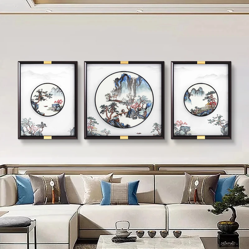 新中式背有靠山苏绣客厅手工三联装饰画立体装裱刺绣沙发背景挂画
