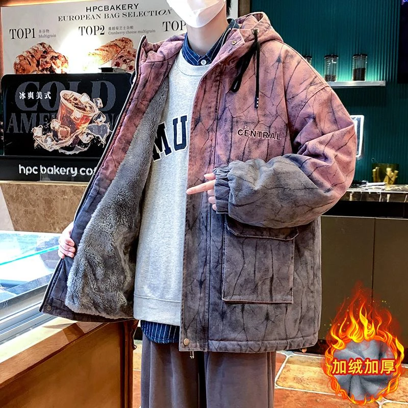 牛仔棉衣男冬季加绒加厚派克棉服青少年工装外套初中高中学生棉袄