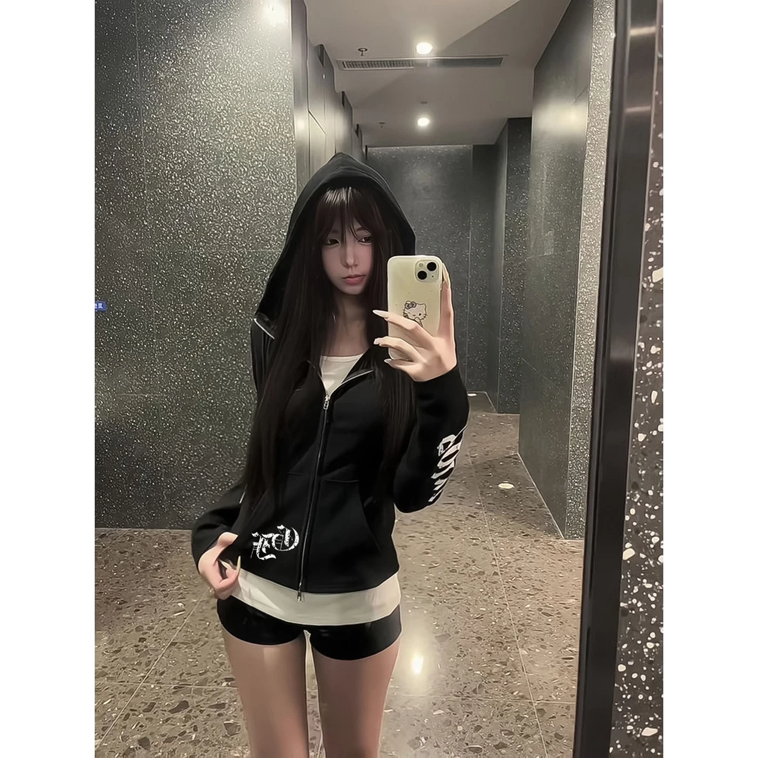 早秋新款显瘦针织衫短款外套女装美式辣妹修身连帽卫衣开衫